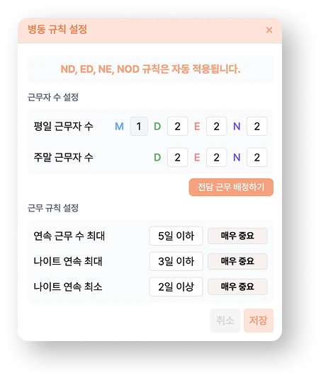 병동별 근무 유형과 인원, 규칙을 설정하는 듀티메이트 화면